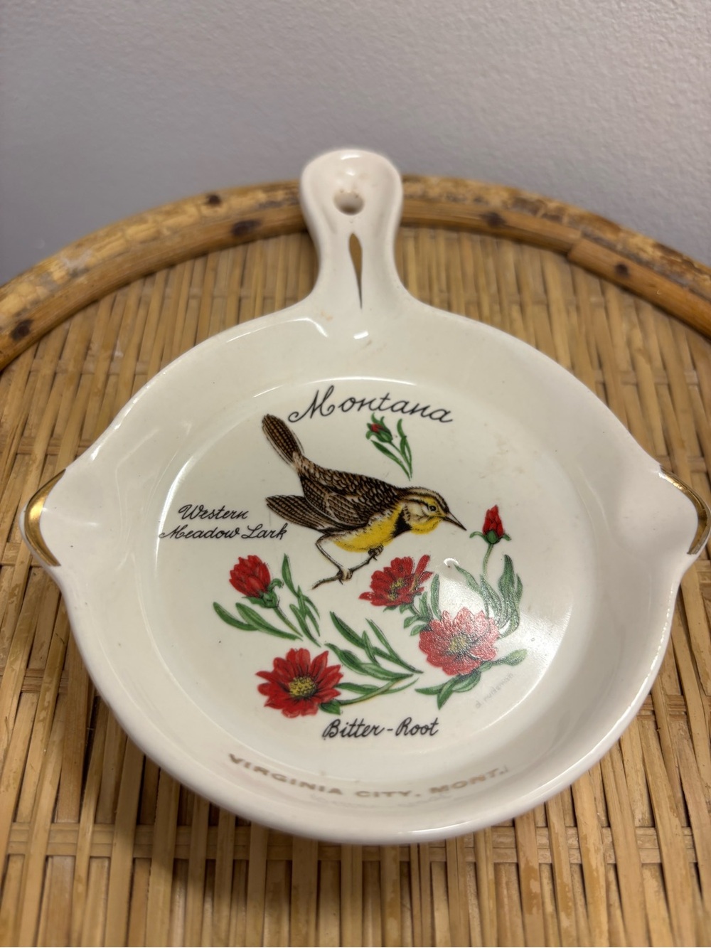 Montana Ceramic Bird & Bitter-Root Decorative Dish -White with Red Floral Design